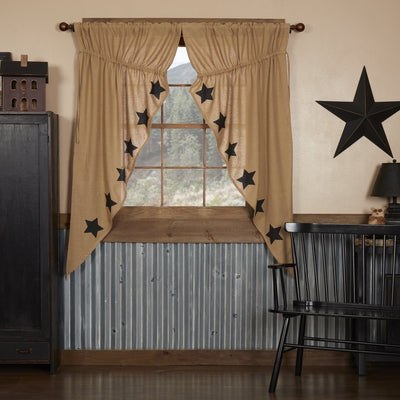Burlap Natural Black Stencil Star Prairie Curtains 63" - Primitive Star Quilt Shop
