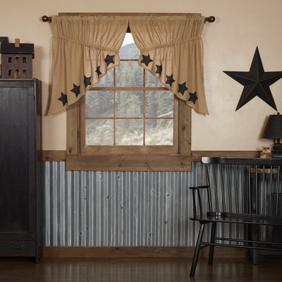 Burlap Natural Black Stencil Star Prairie Swag Curtains - Primitive Star Quilt Shop