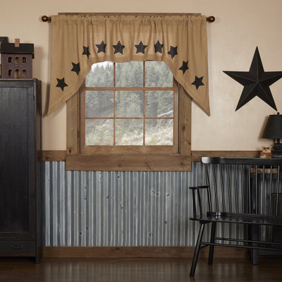 Burlap Natural Black Stencil Star Swag Curtains - Primitive Star Quilt Shop