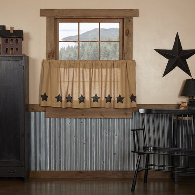 Burlap Natural Black Stencil Star Tier Curtains 24" - Primitive Star Quilt Shop