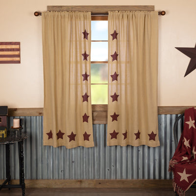 Burlap Natural Burgundy Stencil Star Short Panel Curtains 63" - Primitive Star Quilt Shop