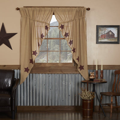 Burlap Natural Burgundy Stencil Star Prairie Curtains 63" - Primitive Star Quilt Shop