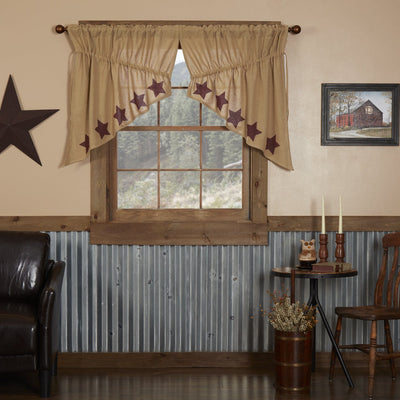 Burlap Natural Burgundy Stencil Star Prairie Swag Curtains - Primitive Star Quilt Shop