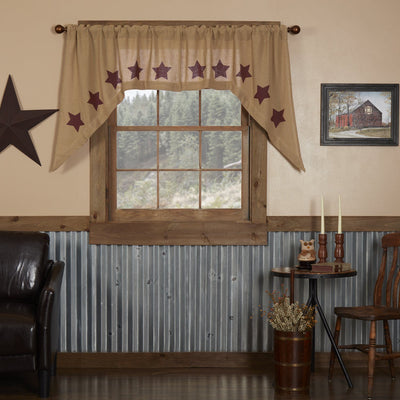 Burlap Natural Burgundy Stencil Star Swag Curtains - Primitive Star Quilt Shop