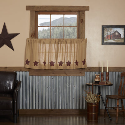 Burlap Natural Burgundy Stencil Star Tier Curtains 24" - Primitive Star Quilt Shop