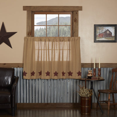 Burlap Natural Burgundy Stencil Star Tier Curtains 36" - Primitive Star Quilt Shop