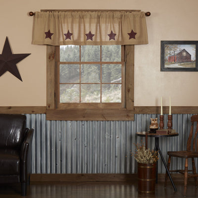 Burlap Natural Burgundy Stencil Star Valance 72" - Primitive Star Quilt Shop