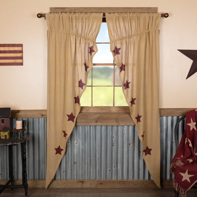 Burlap Natural Burgundy Stencil Star Long Prairie Curtains 84" - Primitive Star Quilt Shop