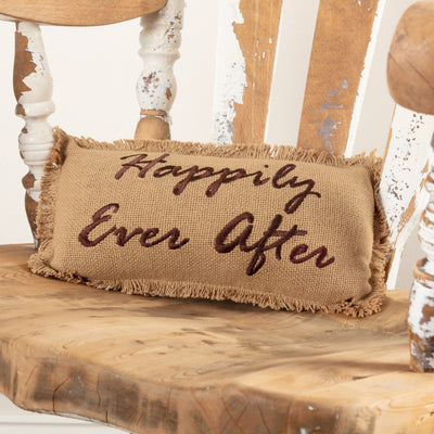 Burlap Natural "Happily Ever After" Pillow 7x13" - Primitive Star Quilt Shop