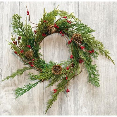 Evergreen Pine with Red Pips Candle Ring - 4" - Primitive Star Quilt Shop