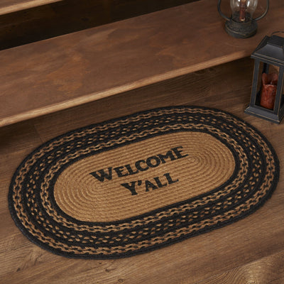 Farmhouse Star "Welcome Ya'll" Oval Braided Rug 20x30" - with Pad - Primitive Star Quilt Shop
