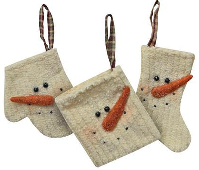 Chenille Snowman Ornaments - Set of 3 - Primitive Star Quilt Shop