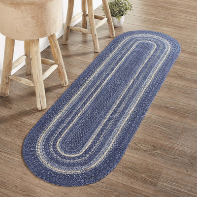 Great Falls Blue Oval Braided Rug 22x72" Runner - with Pad - Primitive Star Quilt Shop
