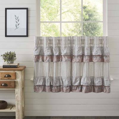 Kaila Blue Stripe Ruffled Lined Tier Curtains 36" - Primitive Star Quilt Shop