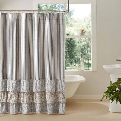 Kaila Blue Stripe Ruffled Shower Curtain - Primitive Star Quilt Shop
