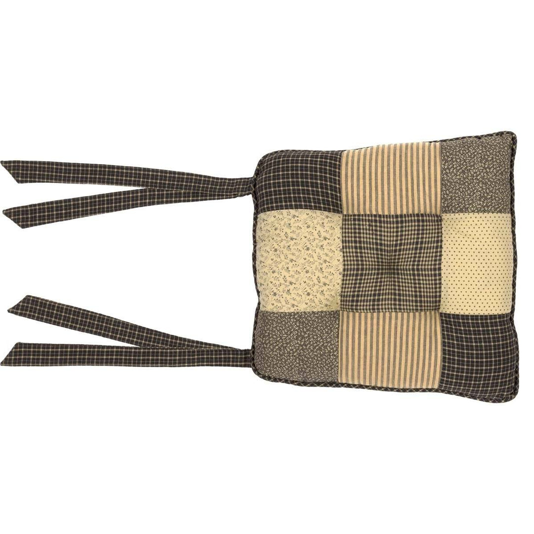 VHC Brands Primitive Plaid Chair Pad - Black Kettle Tie - 14" Square For Kitchen/Dining