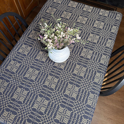 Nantucket Navy and Tan Woven Table Cloth 52" - Primitive Star Quilt Shop