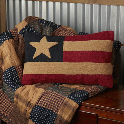 Patriotic Patch Flag Hooked Pillow 14x22" Filled - Primitive Star Quilt Shop