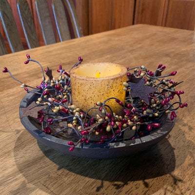 Round Treenware Bowl & Ivory Candle Centerpiece Gold & Burgundy Pips- Primitive Star Quilt Shop