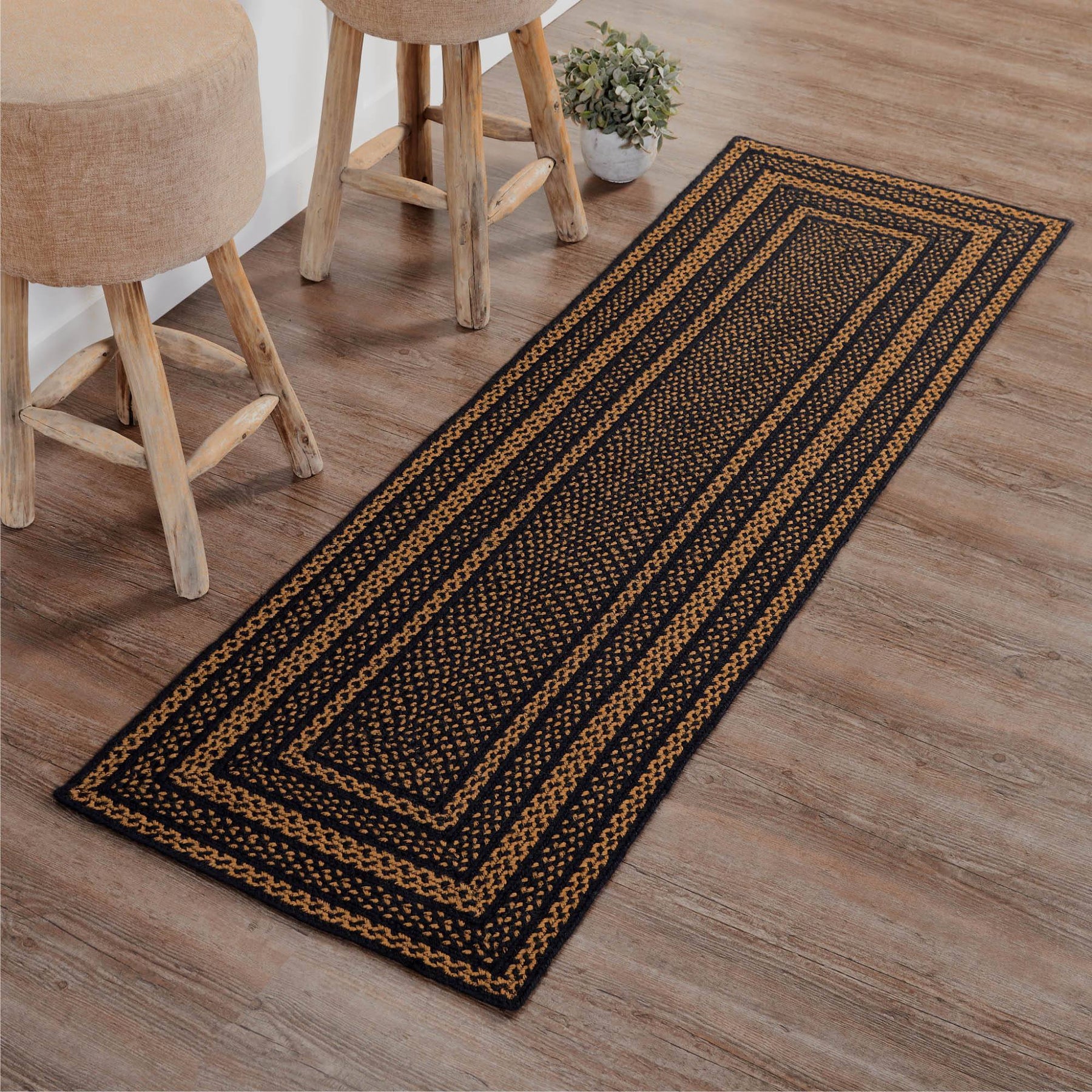 Farmhouse Black and Tan Rectangle Braided Rug 24x78 Runner - with Pad