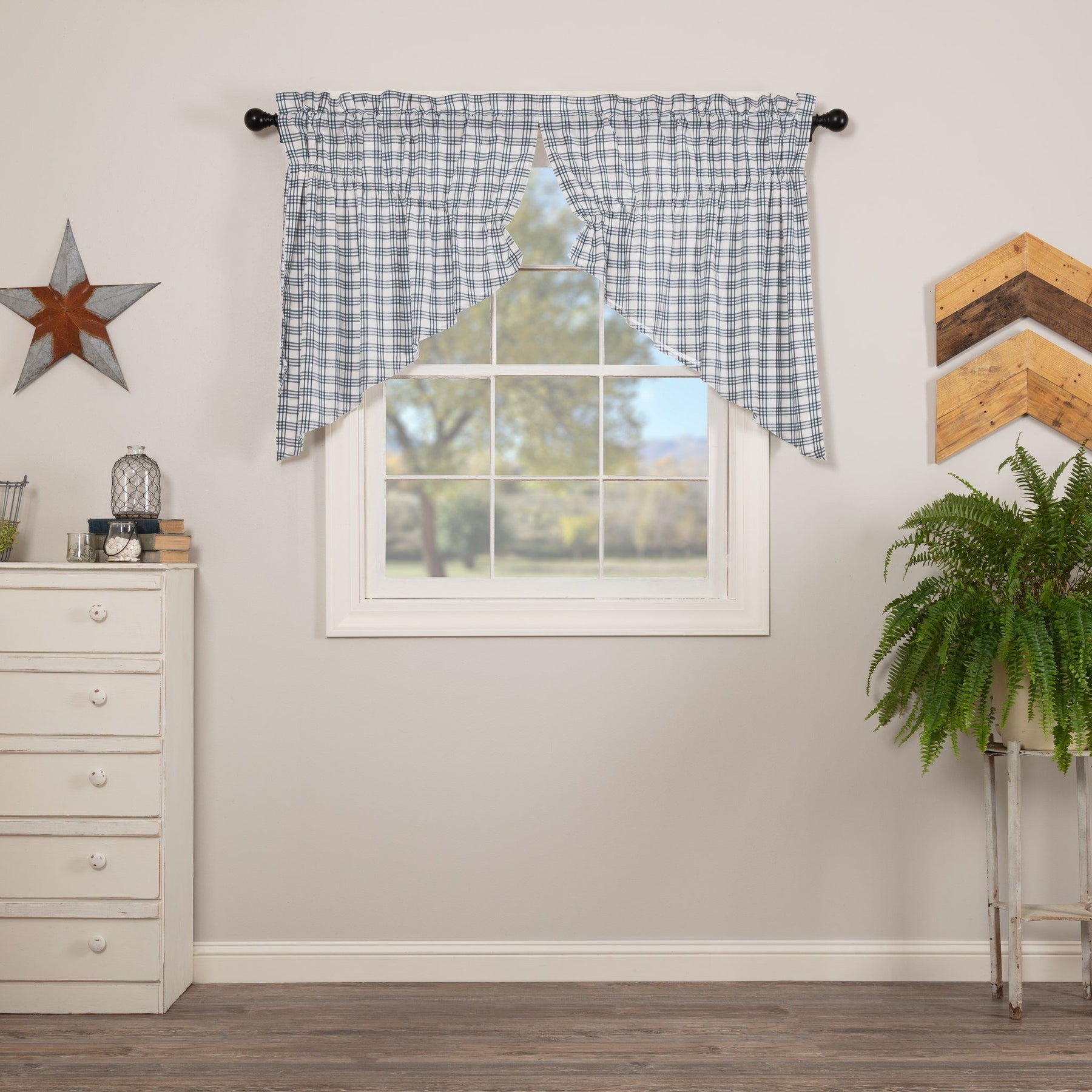 Sawyer Mill Blue Plaid Lined Prairie Swag Curtains