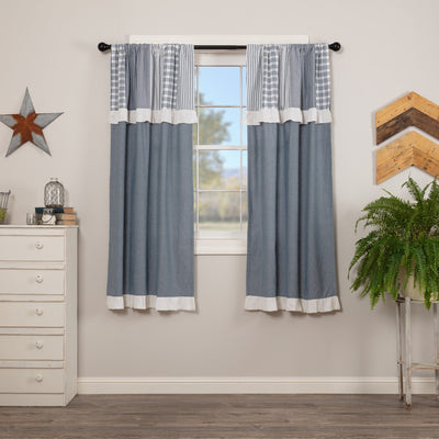 Sawyer Mill Blue Lined Short Panels with Attached Patchwork Valance 63" - Primitive Star Quilt Shop
