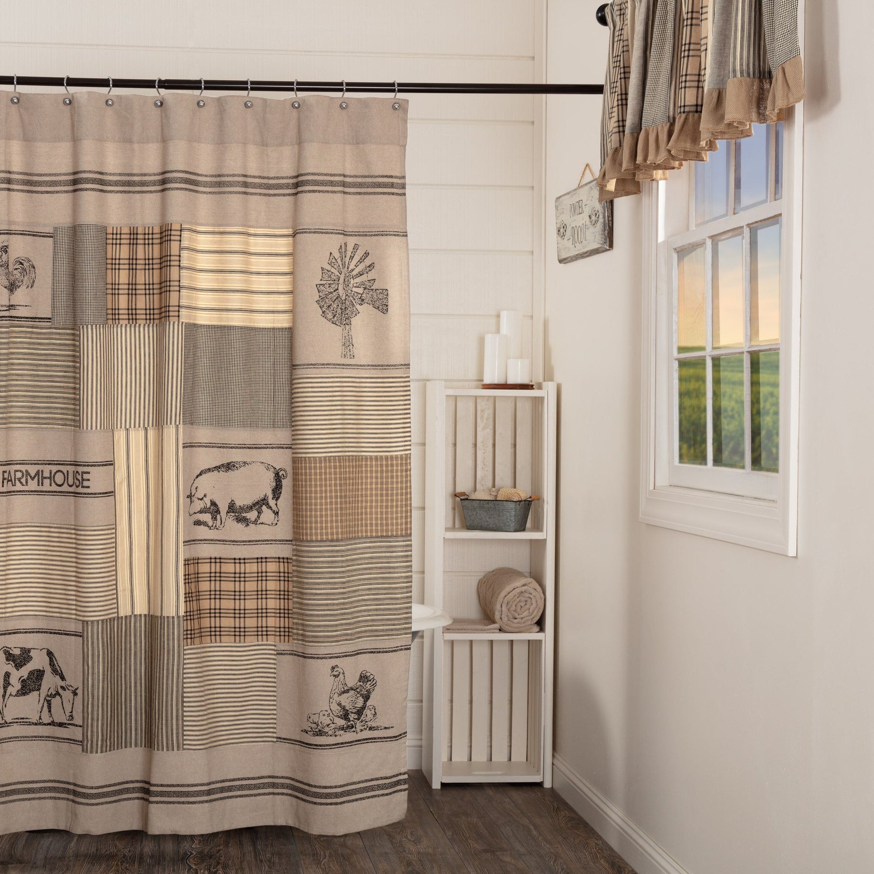 Sawyer Mill Charcoal Stenciled Patchwork Shower Curtain