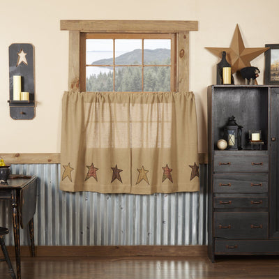 Stratton Burlap Applique Star Tier Curtains 36" - Primitive Star Quilt Shop