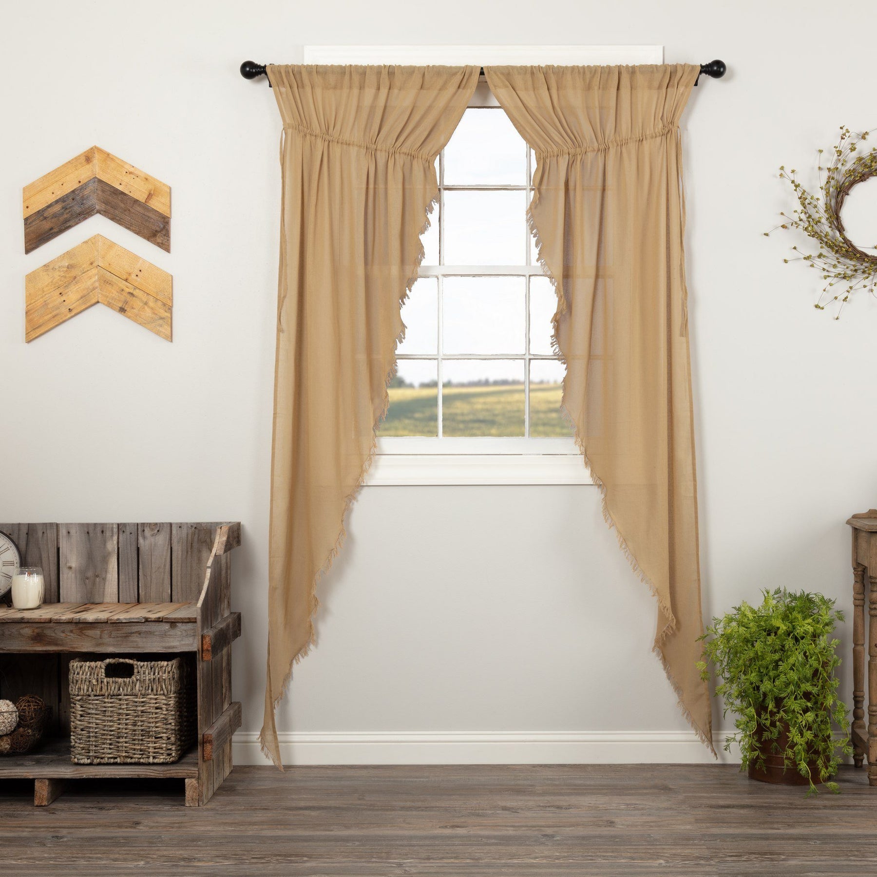 primitive tobacco curtains Tobacco Cloth Fringed Prairie Curtain Set