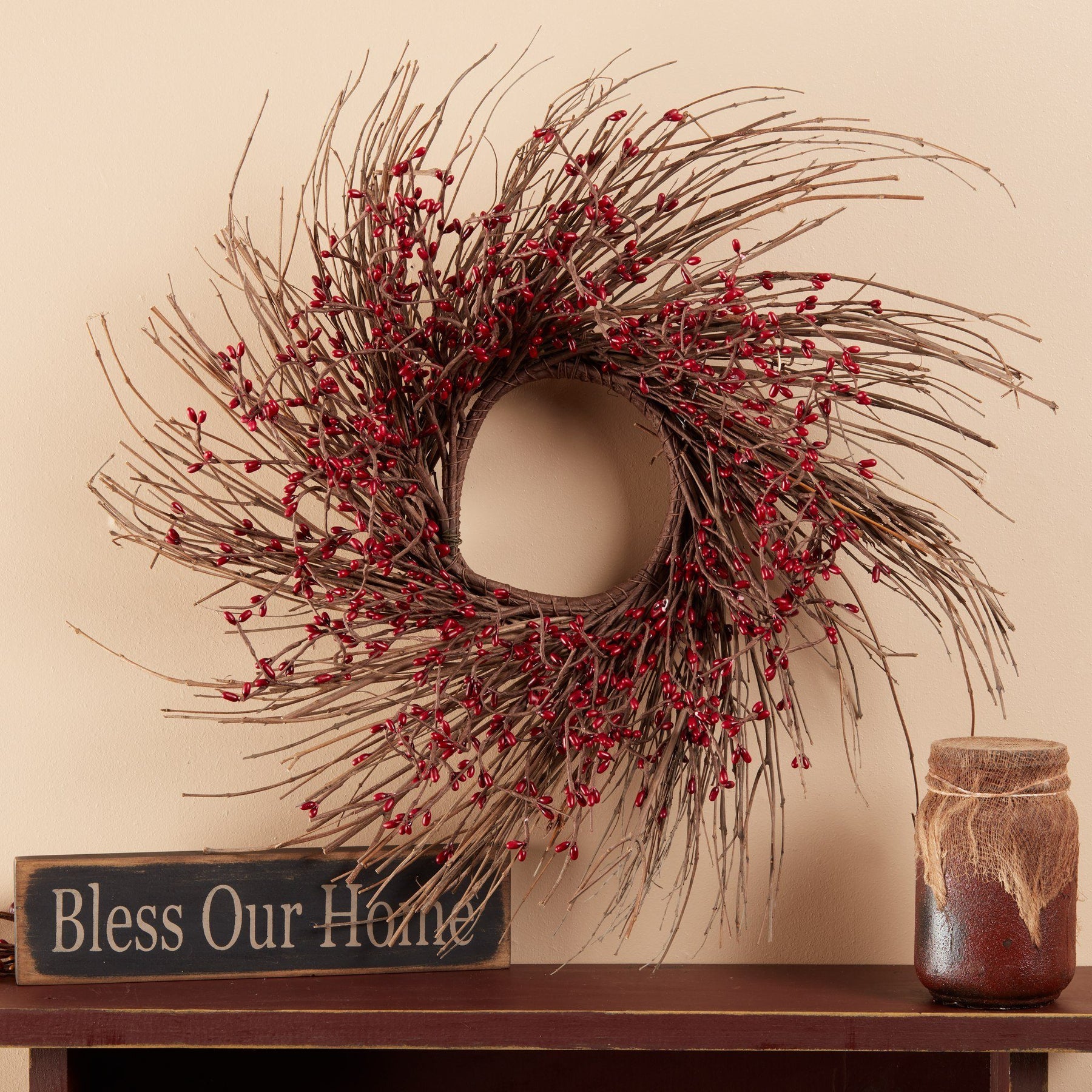 16 Twig Wreath with Burgundy Pip Berries