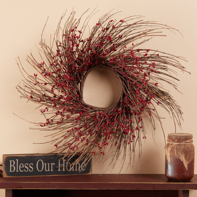 16" Twig Wreath with Burgundy Pip Berries - Primitive Star Quilt Shop