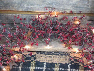Lighted Red and Burgundy Pip Berry and Star Garland 40" - Primitive Star Quilt Shop