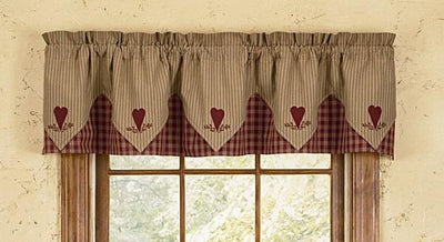 Sturbridge Wine Heart Embroidered Pointed Lined Valance 72" - Primitive Star Quilt Shop